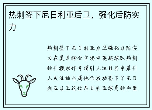 热刺签下尼日利亚后卫，强化后防实力